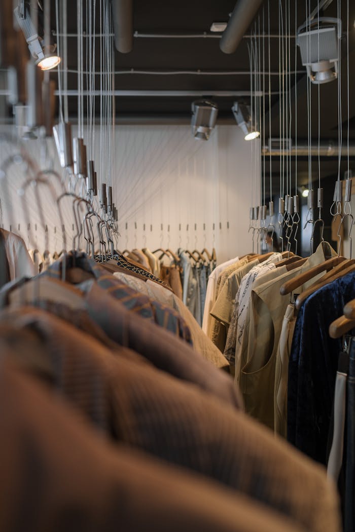 Vertical shot of fashionable clothes on hangers in a stylish boutique setting.
